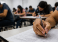 Mão segurando caneta durante prova escrita em sala de aula, representando concursos públicos com possíveis alterações de datas.