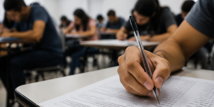 Mão segurando caneta durante prova escrita em sala de aula, representando concursos públicos com possíveis alterações de datas.