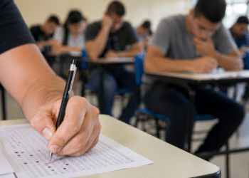 Candidato preenche o gabarito de uma prova de concurso público em sala de aula.