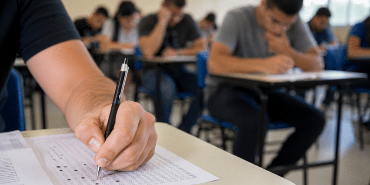 Candidato preenche o gabarito de uma prova de concurso público em sala de aula.