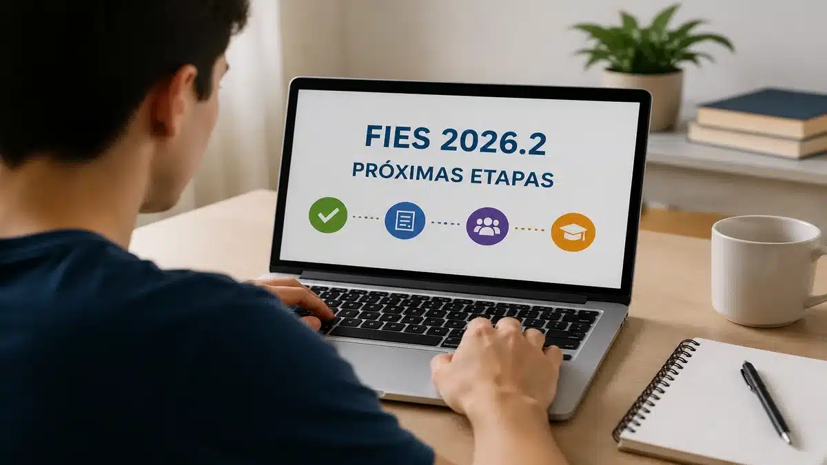 Fies 2026.2 - Próximas etapas após o resultado da seleção Estudante universitário mexendo no notebook, representando o acompanhamento das próximas etapas do Fies 2026.2 após o resultado da pré-seleção.