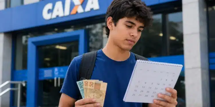 Estudante consulta o calendário do próximo pagamento do Pé-de-Meia 2026 em frente a uma agência da Caixa, representando a nova liberação do benefício.