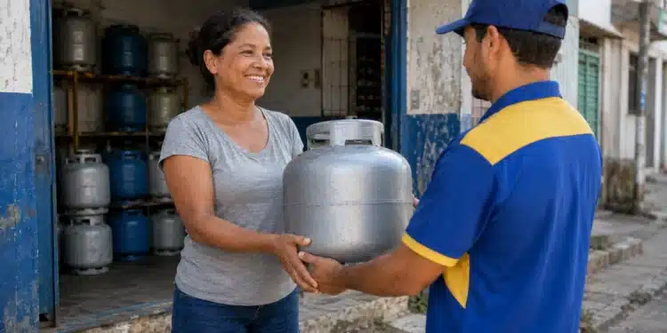 Mulher recebe um botijão de gás de um entregador em uma revenda, em referência à recarga do Gás do Povo de julho.