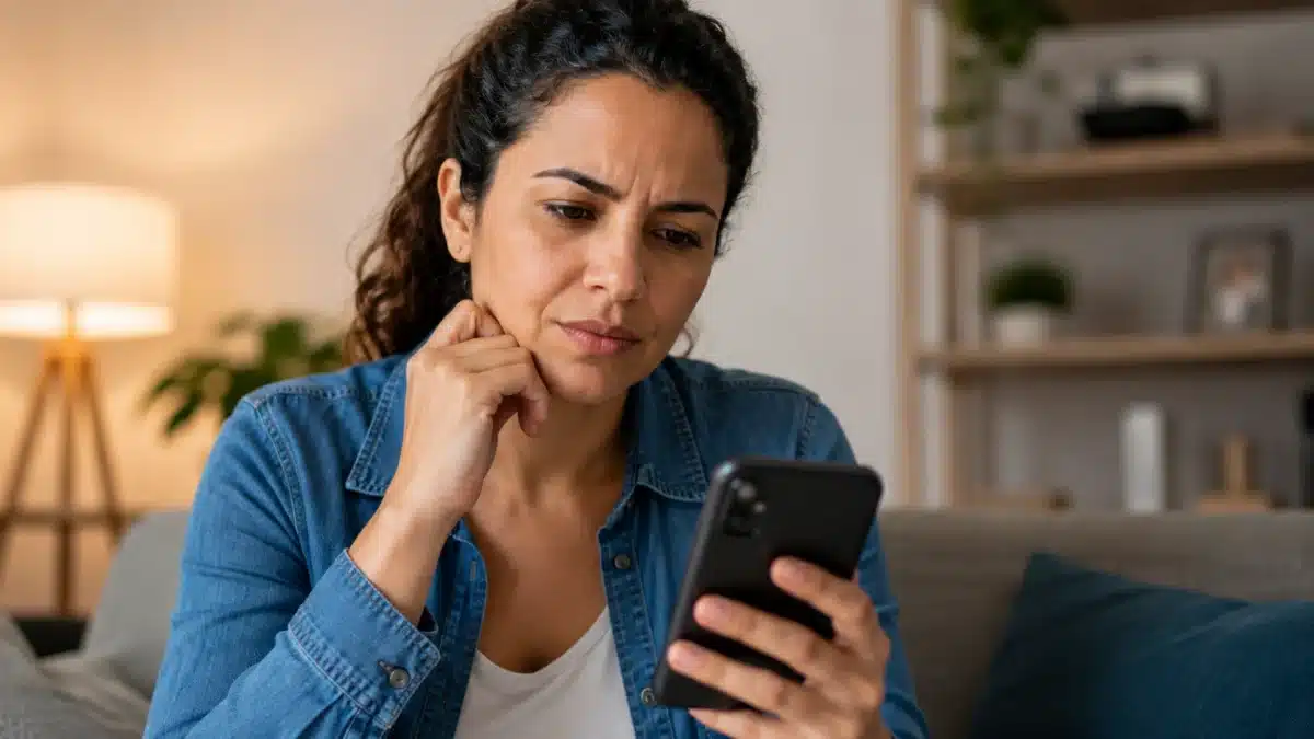 Recuperação do Facebook em outro celular Mulher consultando um celular, representando a recuperação do acesso ao Facebook em um novo aparelho.