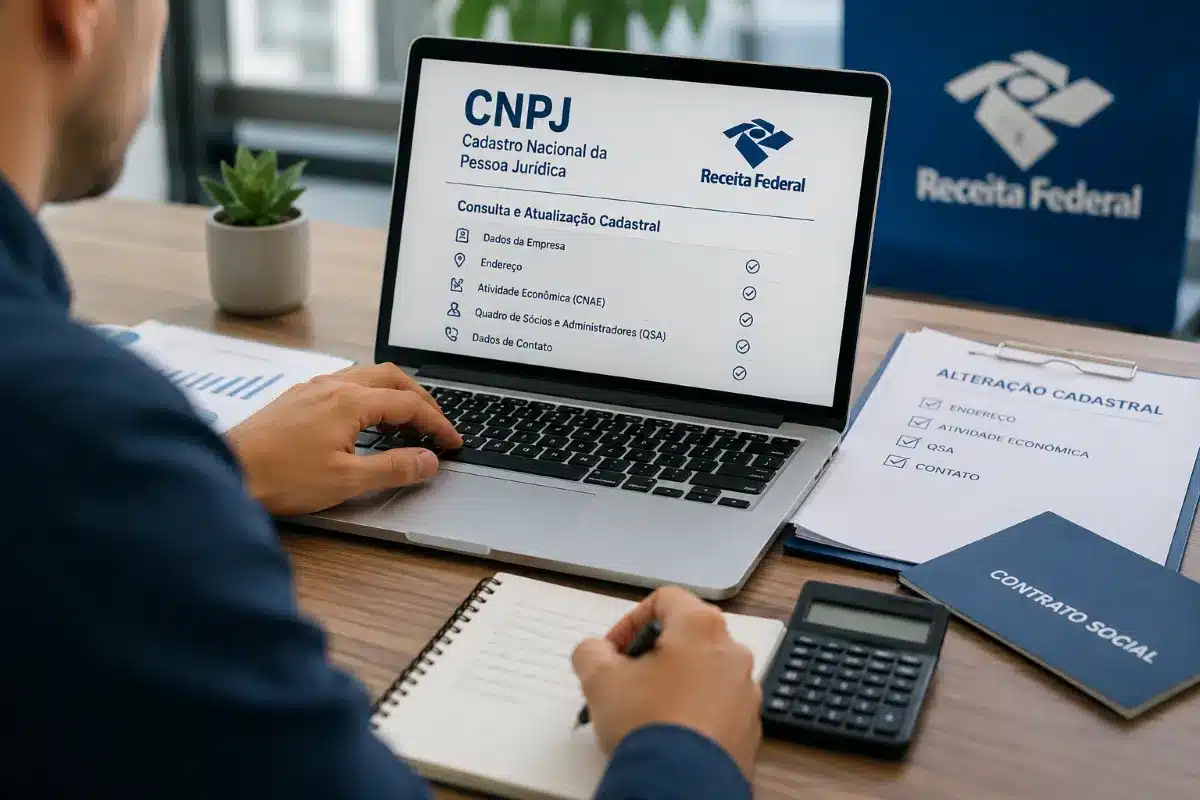 CNPJ na Receita Federal - Regularização e atualização cadastral Empresário revisando informações do CNPJ, representando a atualização dos dados cadastrais para manter o cadastro regular junto à Receita Federal.