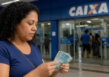 Mulher conferindo cédulas em frente a uma agência da Caixa, representando o pagamento dos ressarcimentos das cotas do PIS/Pasep, previsto para daqui a nove dias.