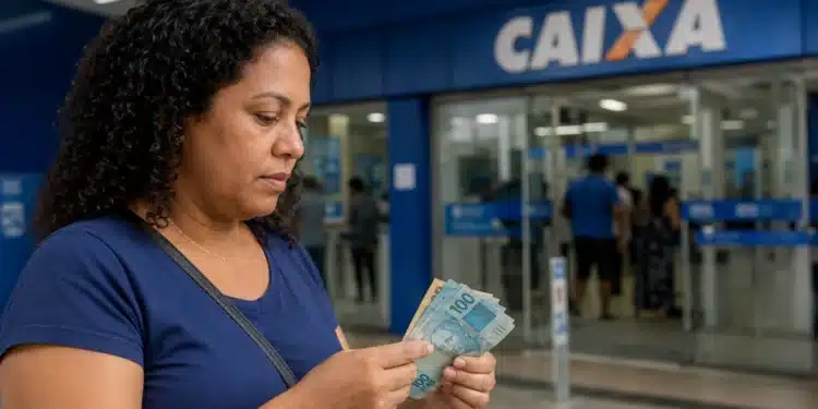 Mulher conferindo cédulas em frente a uma agência da Caixa, representando o pagamento dos ressarcimentos das cotas do PIS/Pasep, previsto para daqui a nove dias.