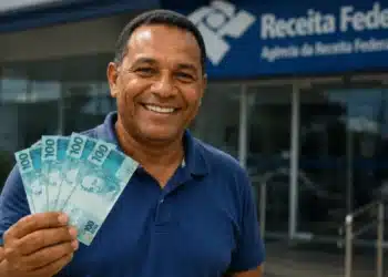Homem segurando notas de real em frente à Receita Federal, representando o pagamento do 3º lote da restituição do Imposto de Renda em 2026