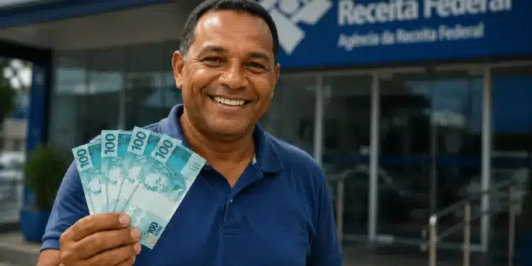 Homem segurando notas de real em frente à Receita Federal, representando o pagamento do 3º lote da restituição do Imposto de Renda em 2026