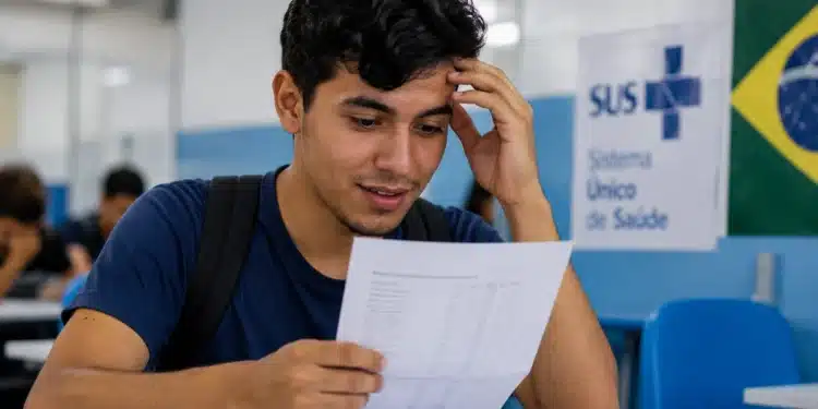 Candidato olhando atentamente para uma folha que representa o resultado da primeira etapa do Revalida 2026/1.