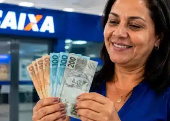 Mulher em agência da Caixa Econômica segura cédulas de real, simbolizando a liberação do saque-aniversário do FGTS em julho