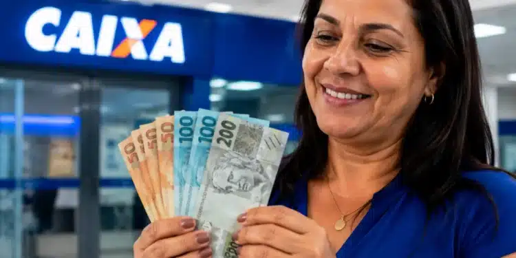 Mulher em agência da Caixa Econômica segura cédulas de real, simbolizando a liberação do saque-aniversário do FGTS em julho