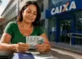 Mulher segurando notas de real em frente a uma agência da Caixa representando o saque de R$ 6.220 do FGTS