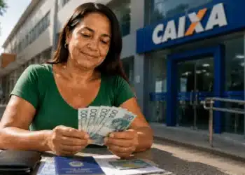 Mulher segurando notas de real em frente a uma agência da Caixa representando o saque de R$ 6.220 do FGTS