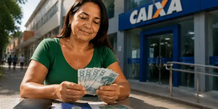 Mulher segurando notas de real em frente a uma agência da Caixa representando o saque de R$ 6.220 do FGTS