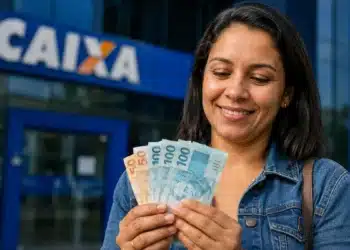 Mulher conta cédulas em frente a uma agência da Caixa, representando a liberação de mais de R$ 6 mil por meio do saque do FGTS.