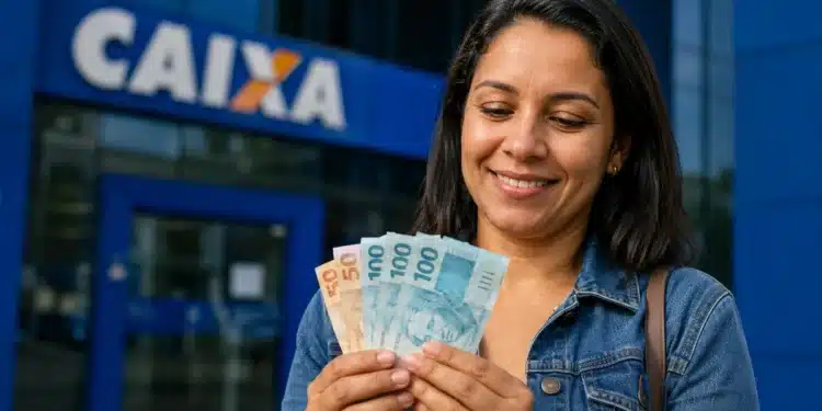 Mulher conta cédulas em frente a uma agência da Caixa, representando a liberação de mais de R$ 6 mil por meio do saque do FGTS.