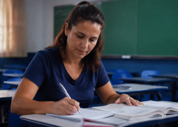 Mulher adulta estudando em sala de aula universitária para iniciar uma nova formação acadêmica. graduacao
