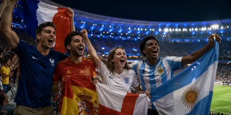 Torcedores com bandeiras da França, Espanha, Inglaterra e Argentina em estádio lotado, representando as semifinais da Copa do Mundo de 2026.