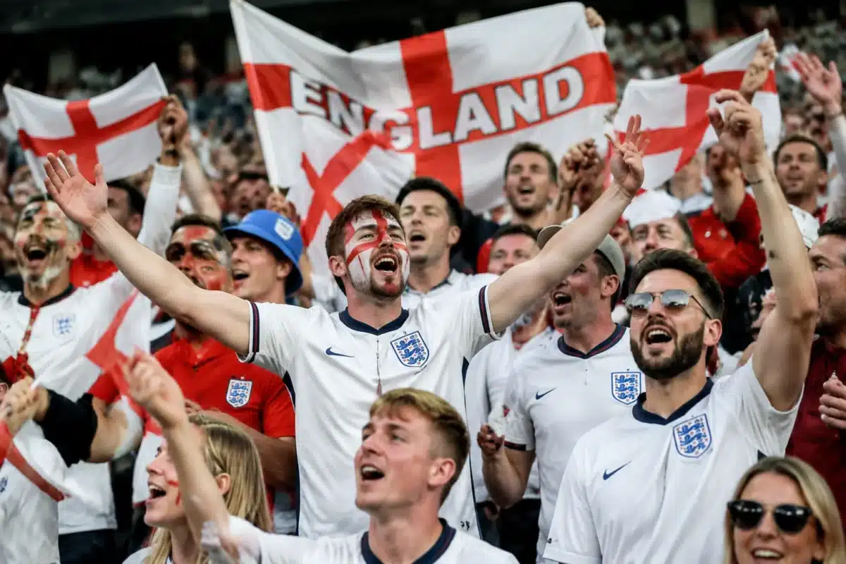 Semifinal da Copa do Mundo 2026 - Inglaterra e Argentina Torcedores da Inglaterra comemorando, representando a semifinal contra a Argentina pela Copa do Mundo de 2026.