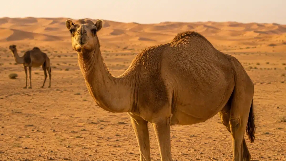 Origem e significado da palavra camelo Dois camelos em uma paisagem desértica, cenário associado à origem e ao significado da palavra camelo.