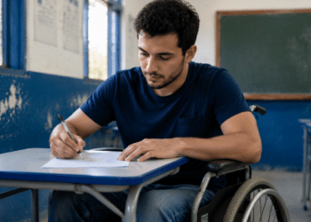 Estudante cadeirante realiza atividade escrita em sala de aula para o Enade 2026.