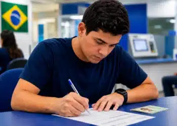 Eleitor preenchendo formulário para pedir o voto em trânsito nas eleições de 2026.