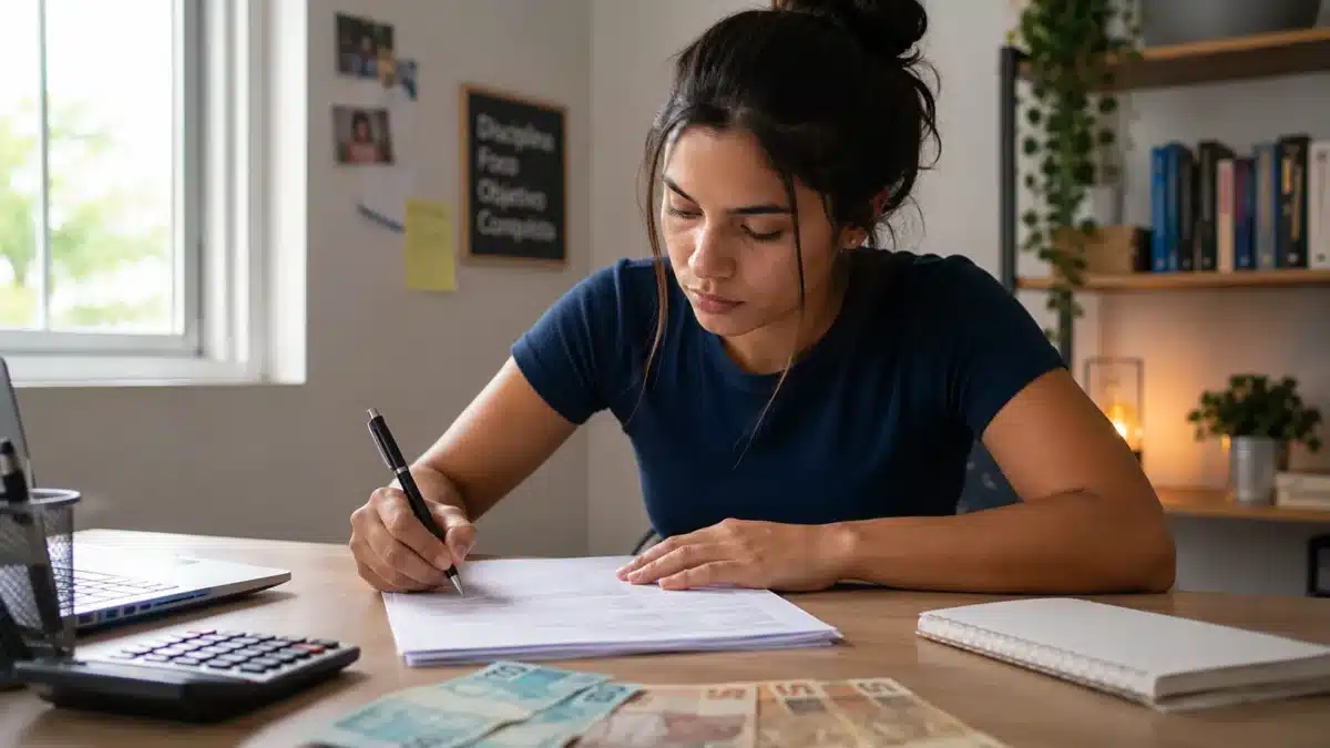 Fies Empreendedor em 2026 - Critérios de solicitação Jovem preenche documentos ao lado de notebook, calculadora e dinheiro, representando o grupo apto a solicitar crédito do Fies Empreendedor.