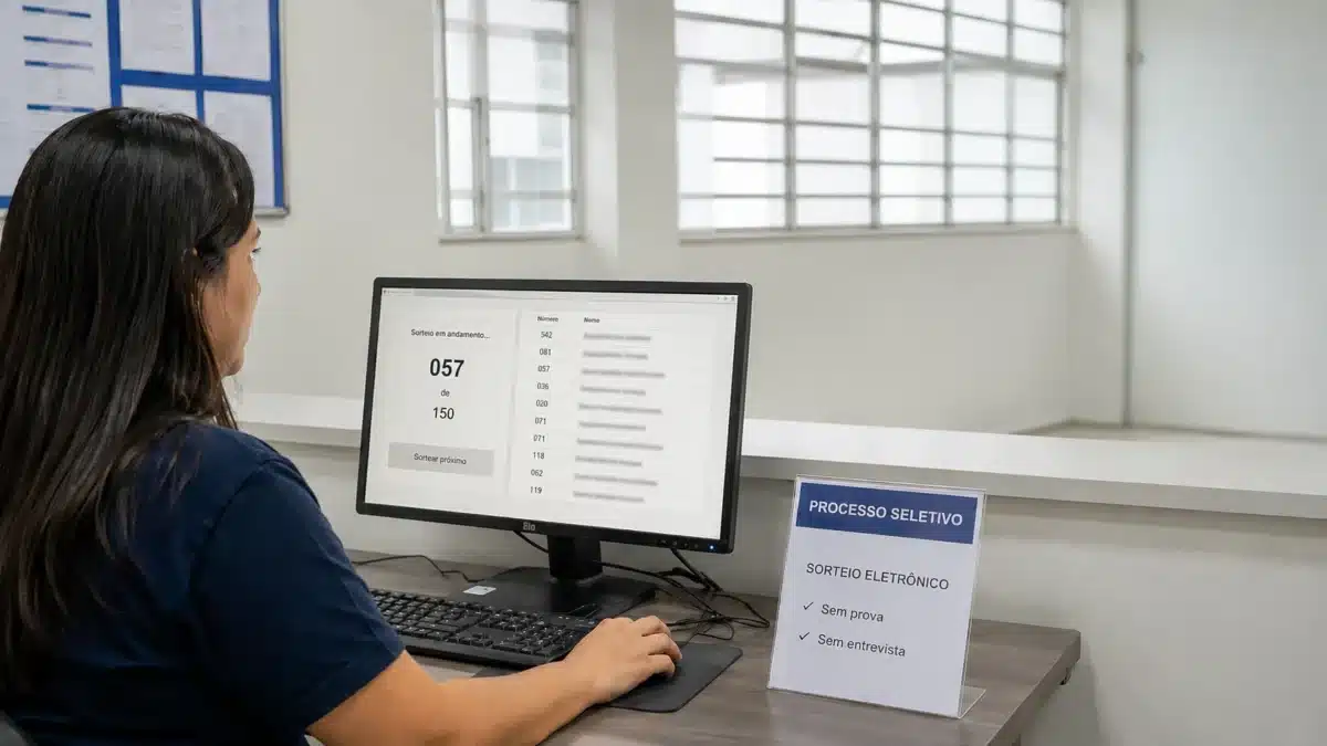 Curso técnico em Enfermagem da Fundec - Sorteio eletrônico para seleção de alunos Funcionária acompanha o sorteio eletrônico, representando a seleção dos novos alunos do curso técnico em Enfermagem da Fundec.