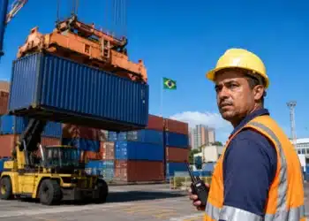 Trabalhador portuário acompanha o transporte de contêineres, representando a entrada em vigor da tarifa adicional dos EUA sobre produtos brasileiros.