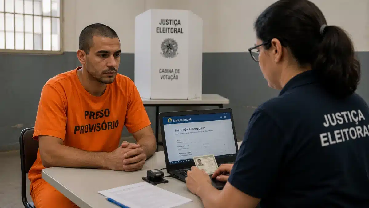 Eleições 2026 - Transferência temporária do local de votação Preso provisório recebe atendimento da Justiça Eleitoral, representando a transferência temporária do local de votação.