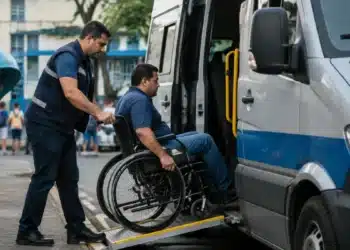 Eleitor com deficiência física em cadeira de rodas recebendo auxílio para embarcar em van adaptada, representando a ação de transporte para votação nas eleições de 2026.