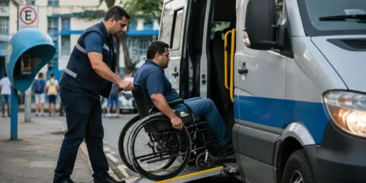 Eleitor com deficiência física em cadeira de rodas recebendo auxílio para embarcar em van adaptada, representando a ação de transporte para votação nas eleições de 2026.
