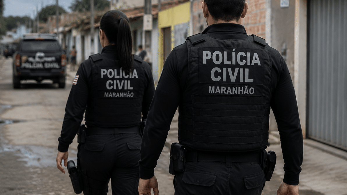 Concurso Polícia Civil MA 2026 com vagas para Delegado e Oficial Investigador Policiais civis do Maranhão uniformizados durante atuação em rua, representando o concurso da Polícia Civil MA com vagas para Delegado e Oficial Investigador.