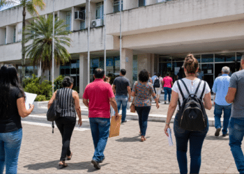 Pessoas caminham em direção a prédio público para participar de concursos e processos seletivos pelo Brasil.