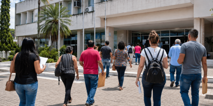 Pessoas caminham em direção a prédio público para participar de concursos e processos seletivos pelo Brasil.