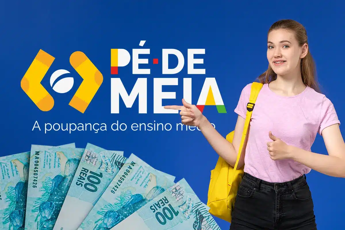 Pé-de-Meia - Valores dos incentivos financeiros Estudante ao lado do logotipo do Pé-de-Meia e de notas de R$ 100, representando os valores pagos pelo programa