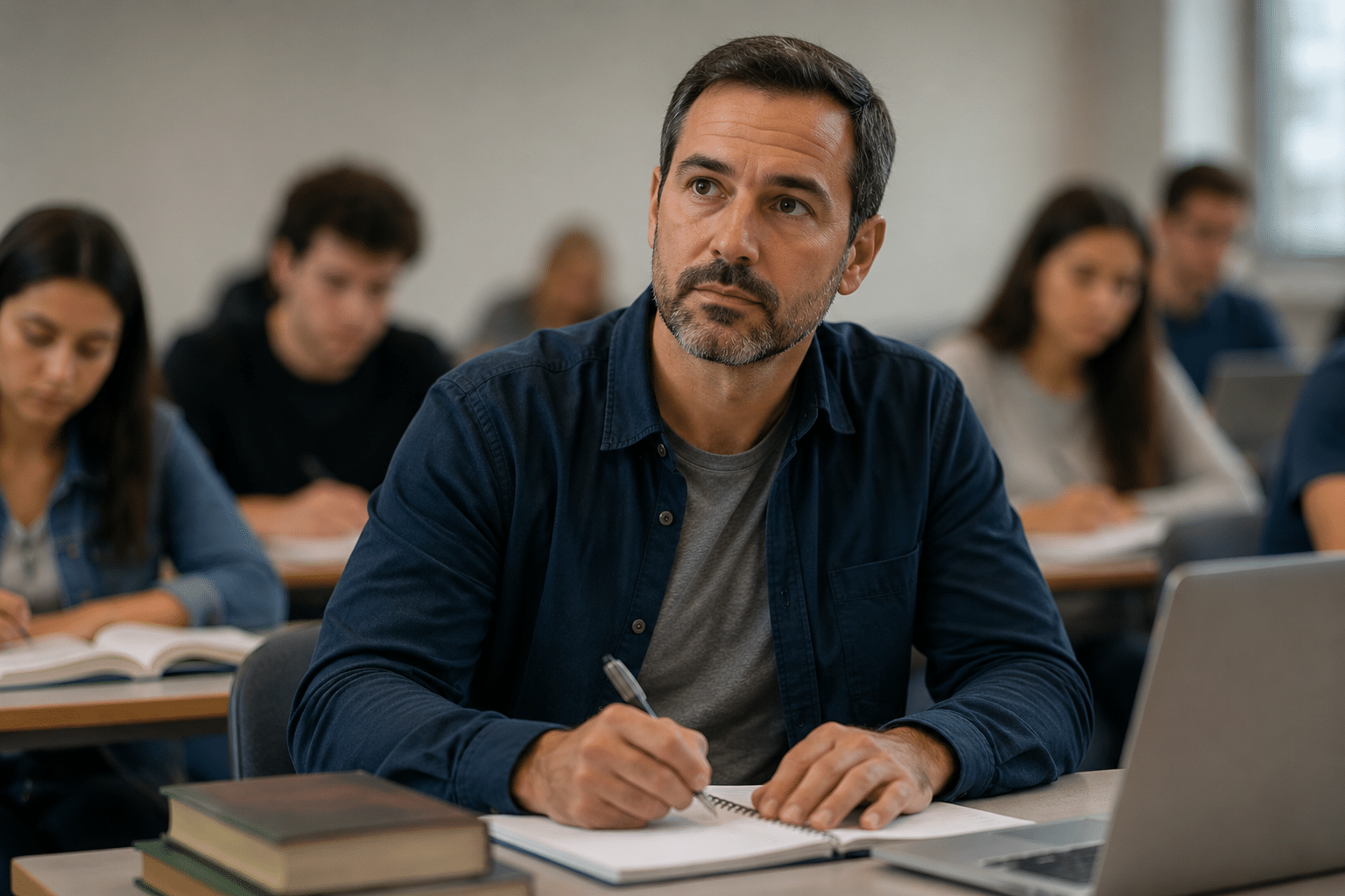 Homem adulto estudando em sala de aula durante segunda graduação ou formação pedagógica.