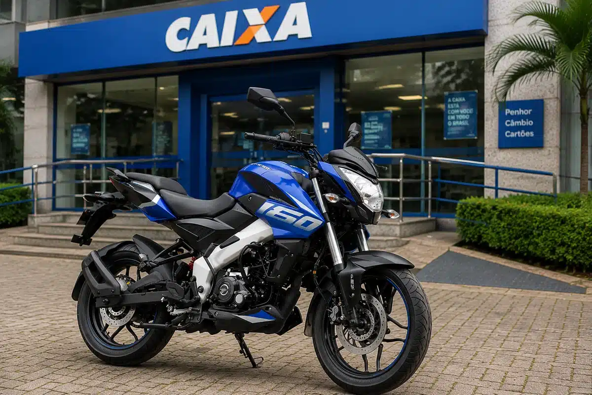 Move Brasil - Veículos elegíveis para financiamento Motocicleta nova estacionada em frente a uma agência da Caixa representando os veículos financiados pelo Move Brasil