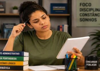 Mulher com expressão pensativa estudando à mesa, com livros de concurso, caneta e caderno, cena que representa a dúvida sobre a escolaridade exigida para prestar concurso público.