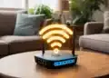 Roteador Wi-Fi sobre uma mesa em uma sala, representando ajustes para melhorar a estabilidade da conexão.
