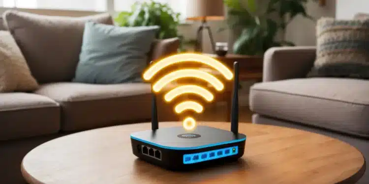 Roteador Wi-Fi sobre uma mesa em uma sala, representando ajustes para melhorar a estabilidade da conexão.