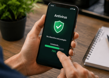 Mão de pessoa instalando antivírus em celular com tela verde e barra em 75%.