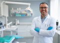 Dentista sorridente em consultório moderno com equipamentos odontológicos.