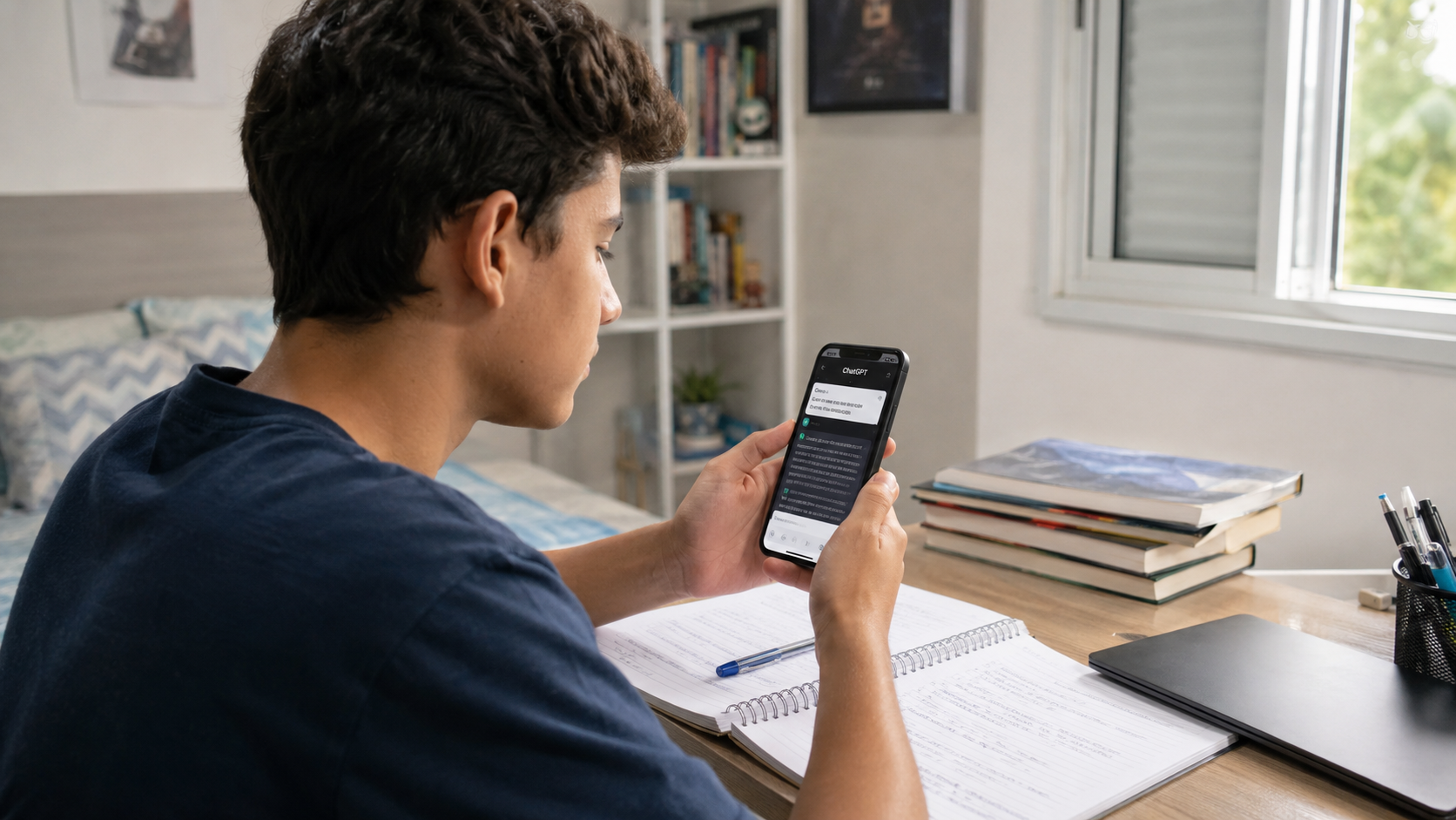 Adolescente usa celular com ChatGPT aberto enquanto faz anotações em caderno na escrivaninha.