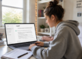 Jovem com cabelo preso e moletom cinza usa notebook com ChatGPT aberto em mesa de estudo clara