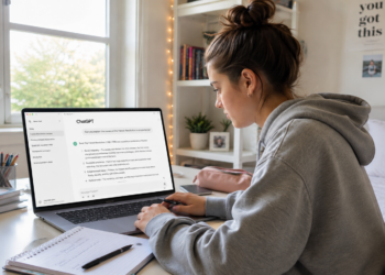 Jovem com cabelo preso e moletom cinza usa notebook com ChatGPT aberto em mesa de estudo clara