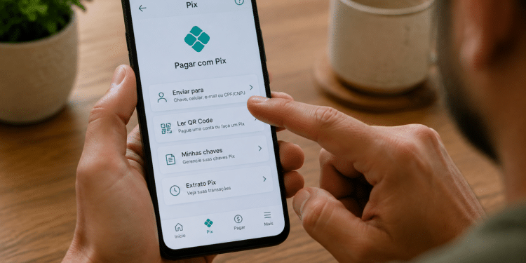 Homem usando smartphone acessando tela de pagamentos Pix com dedo selecionando opção enviar para chave.
