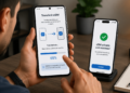 Homem transfere eSIM entre dois celulares, um exibindo progresso de 65% e outro confirmando ativação.