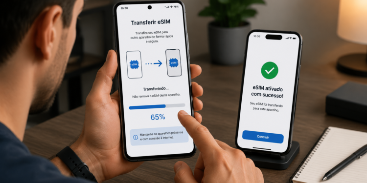 Homem transfere eSIM entre dois celulares, um exibindo progresso de 65% e outro confirmando ativação.